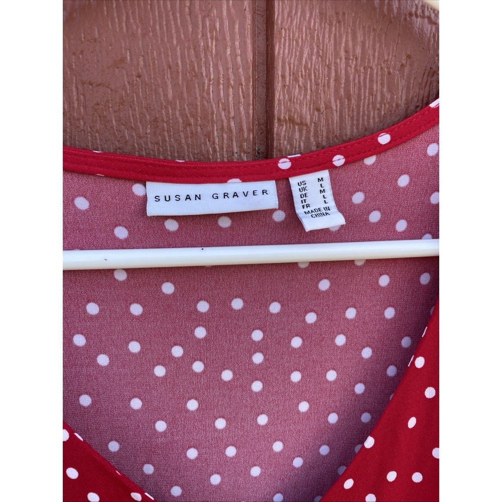 Susan Graver Red Polka Dot Liquid Knit Button Front Midi Dress Flutter Sleeve M - Picture 2 of 7